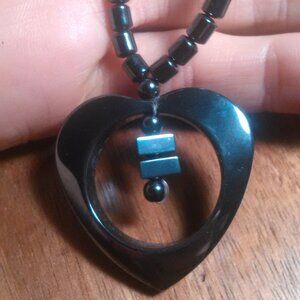 Hematite Beaded Heart Design Stainless Steel Necklace (18 Inch)